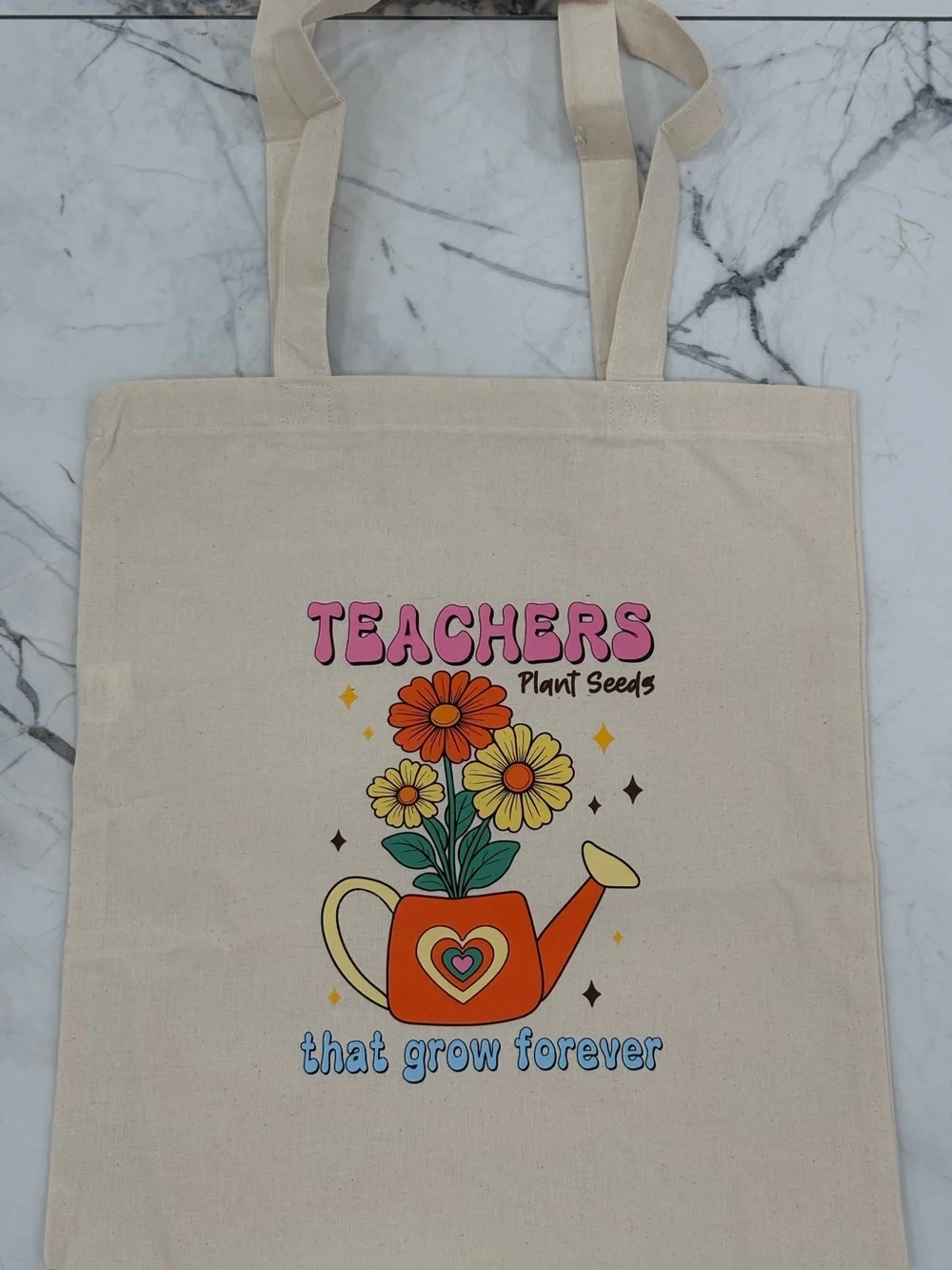 Canvas Tote Bag for Teachers - Beige with Colorful Floral Watering Can Print